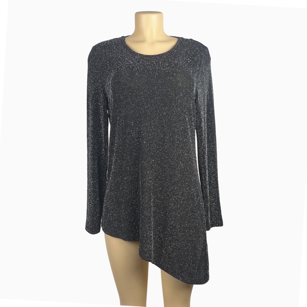 Calvin Klein Shimmer Tunic Top Medium Y2K Asymmetrical Black Silver Sparkle
